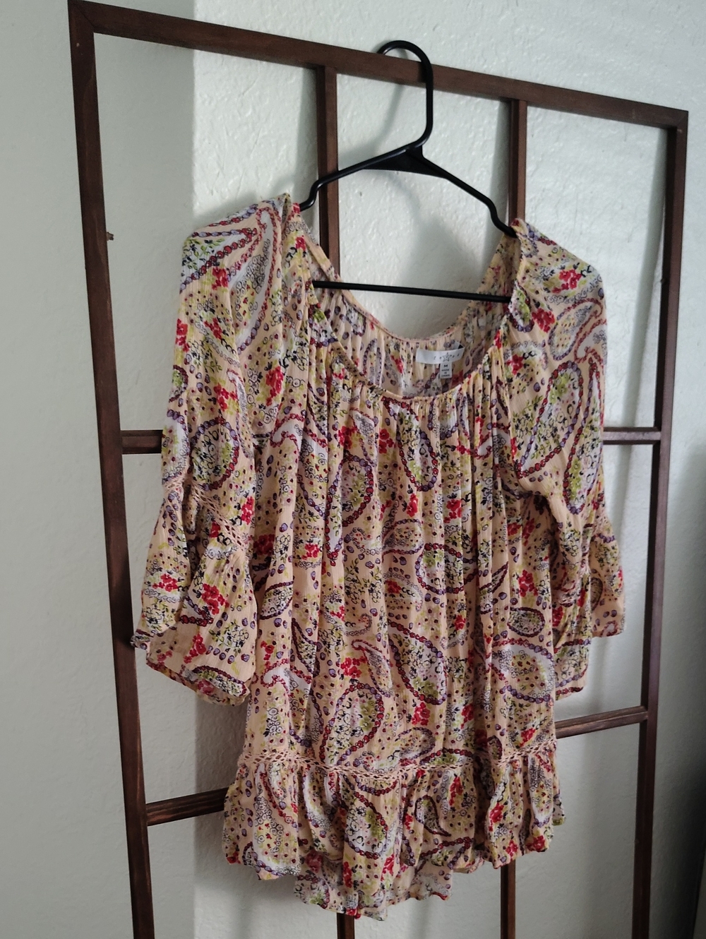 Fever Cream Paisley Peasant Tunic with Red & Green Accents